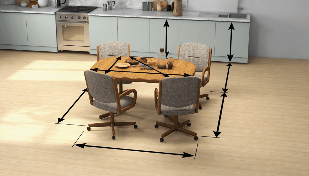 Chromcraft dining set with lines and arrows showing various distances needed to measure