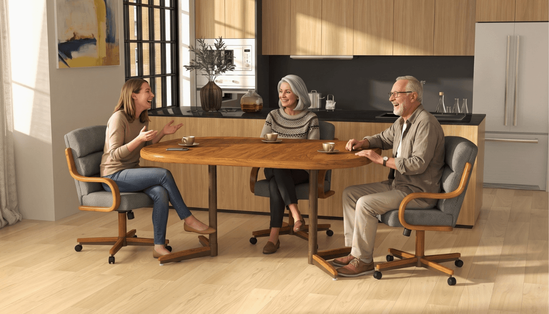 adult daughter with her senior parents having a fun conversation over coffee in their Chromcraft dining set