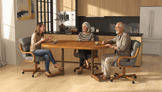 adult daughter with her senior parents having a fun conversation over coffee in their Chromcraft dining set
