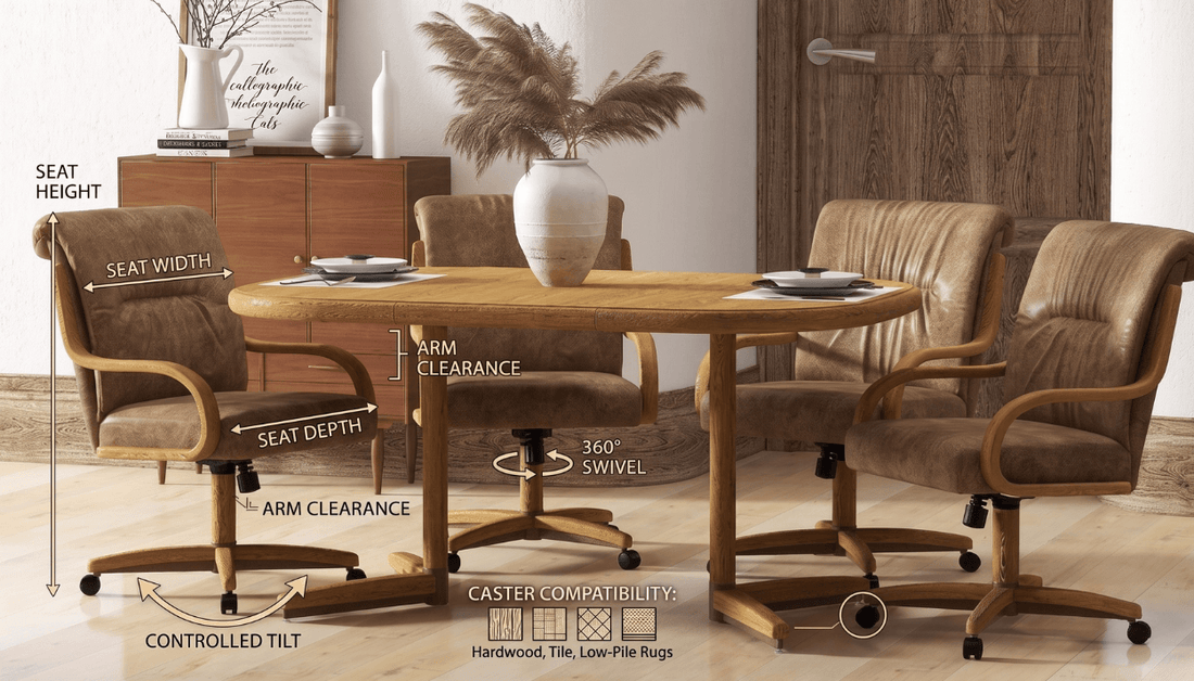 Chormcraft dining set illustration showing seat height, seat width, seat depthm arm clearance, etc