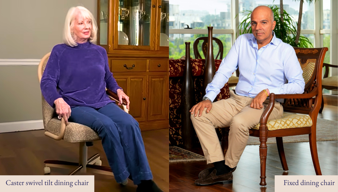 Split image of senior mom sitting on Chromcraft Douglas D7775 Chair and senior dad sitting on a fixed dining chair