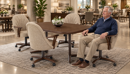 a grandpa testing one of the Chromcraft Bailey Collection dining chairs in a showroom