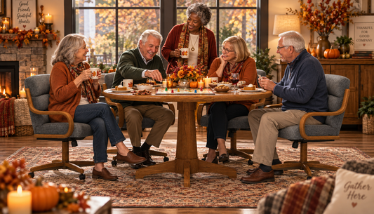 a group of senior friends playing a boardgame over snacks after their thanksgiving dinner in the Chromcraft Nova Harrison Dining Set 137-946-4242-4230