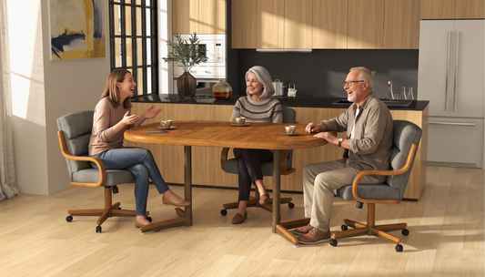 adult daughter with her senior parents having a fun conversation over coffee in their Chromcraft dining set