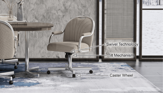 gray Chromcraft swivel tilt dining chair with arrows pointing where the swivel, tilt, and caster technologies are