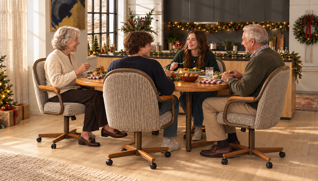 senior couple with their teenage grand daughter and grand son sitting in their Medina Collection CM188-C845 dining chairs having a fun and loving conversation over lunch