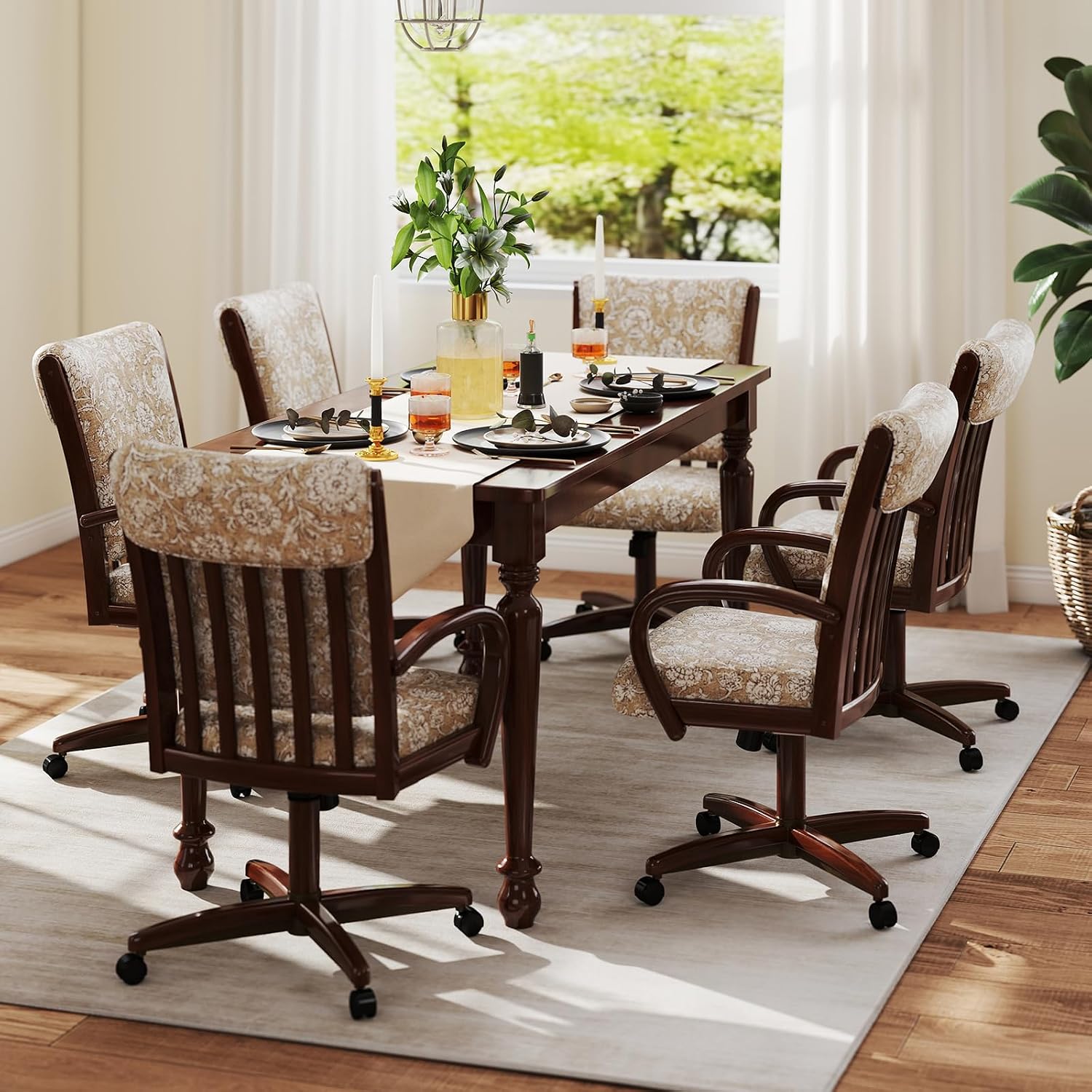Chromcraft Baylor Collection CM177 Swivel Tilt Caster Casual Dining Chair With Laurel Spring Beige Fabric