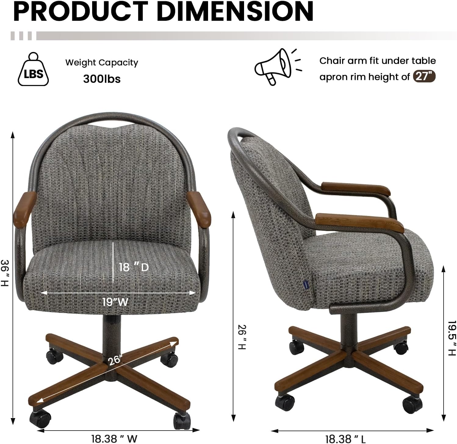 Chromcraft Medina Collection CM188 Swivel Tilt Caster Casual Dining Chair With Revive Mineral Fabric