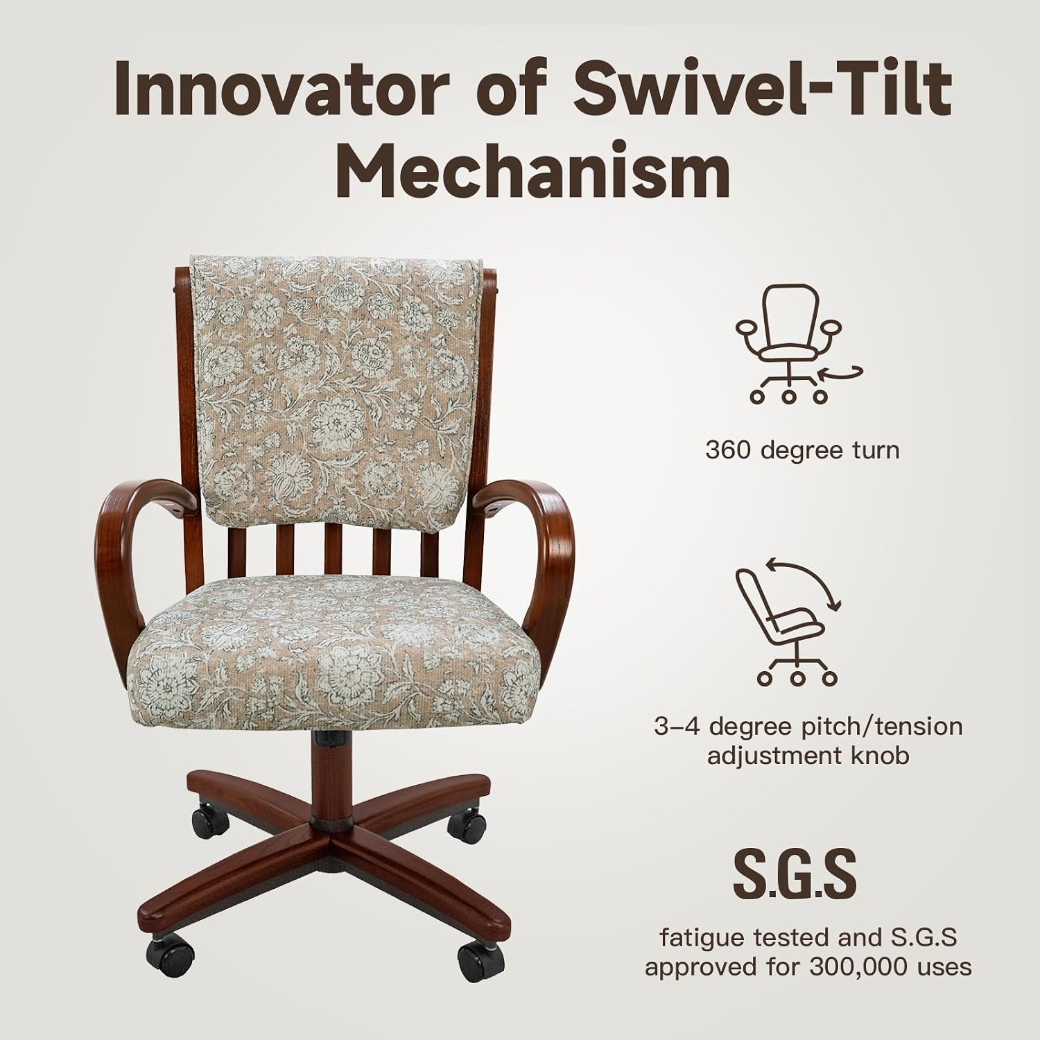 Chromcraft Baylor Collection CM177 Swivel Tilt Caster Casual Dining Chair With Laurel Spring Beige Fabric