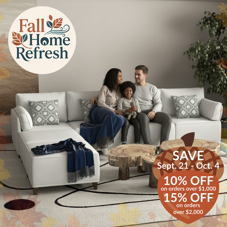 Chromcraft Fall Home Refresh featuring a family relaxing on a white sectional sofa. Save 10% on orders over $1,000 or 15% on orders over $2,000, September 21–October 4.
