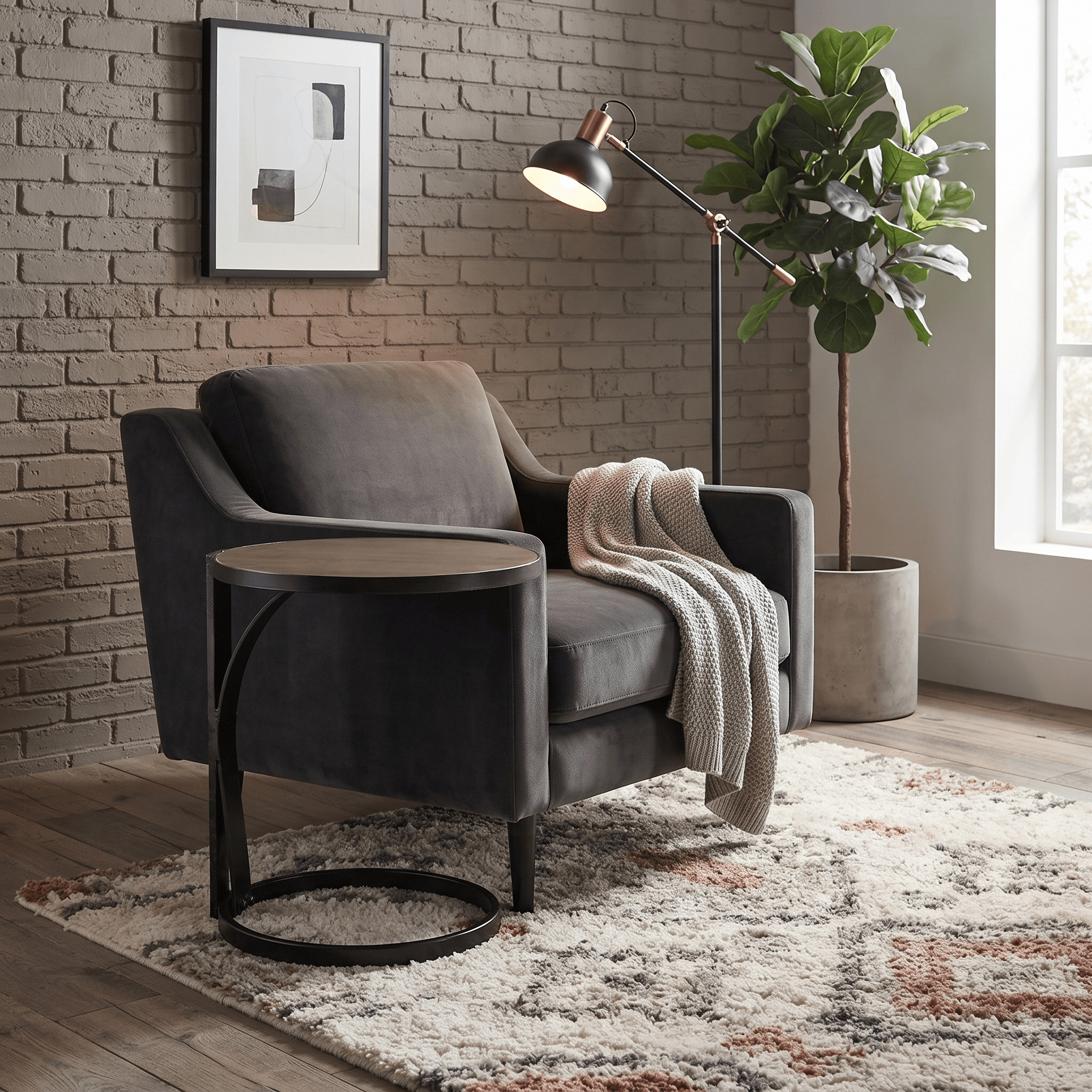 18" Round Side Table with Matte Black Metal Frame & Smoke Wood Top