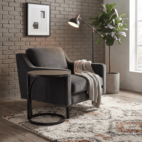 18" Round Side Table with Matte Black Metal Frame & Smoke Wood Top