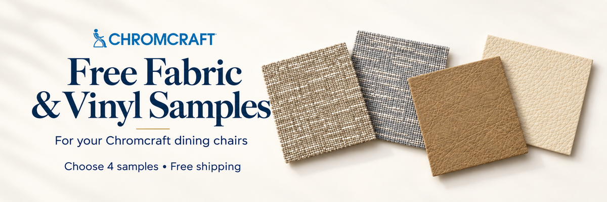 Free fabric and vinyl samples for Chromcraft dining chairs, featuring four neutral upholstery swatches. Choose 4 samples with free shipping.
