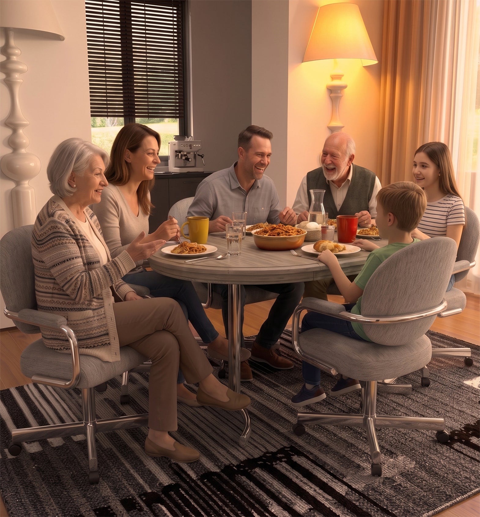 Family gathered around a Chromcraft dining table on swivel chairs